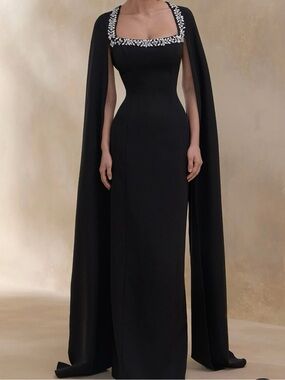 Club London Black Gown with Embellished Square Neck